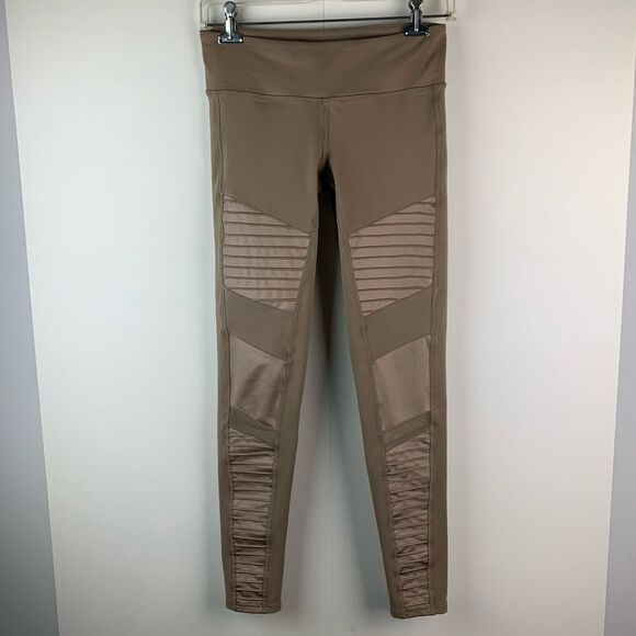 Alo Women’s Beige Mid-Rise Moto Leggings Tight Textured Hidden Pocket Small - Picture 1 of 8
